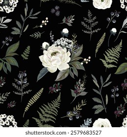 Blooming vector midsummer rose forest fern seamless pattern