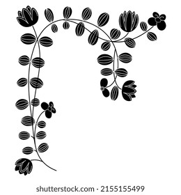 Blooming vine. Decorative floral corner element. Stylized branch with leaves and flowers. Medieval illuminated manuscript botanical motif. Black and white negative silhouette.