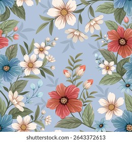 Flores coloridas florescentes vintage desenhadas à mão, sem emenda, em um fundo claro. Projetado para tecido, moda, têxteis, papel de parede, envoltório de presente