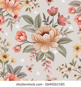 Blooming vintage color flowers hand drawn, seamless, on a light background. Designed for fabric, fashion, textiles, wallpaper, gift wrap