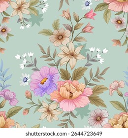 Flores coloridas florescentes vintage desenhadas à mão, sem emenda, em um fundo claro. Projetado para tecido, moda, têxteis, papel de parede, envoltório de presente