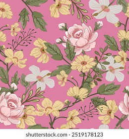 Blooming vintage flora flower on pink background seamless pattern