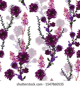 Blooming violet wild flowers from hand drawn marker pen vector seamless pattern in vector ,Design for fashion , fabric, web, wallpaper , wrapping and all prints on white background color