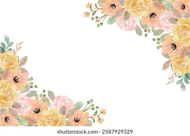 Blooming watercolor flower frame background. Botanical border illustration for design.