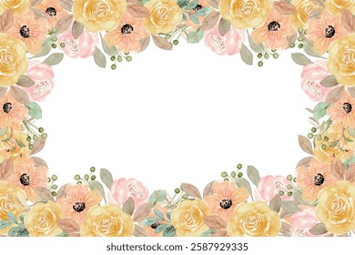Blooming watercolor flower frame background. Botanical border illustration for design.