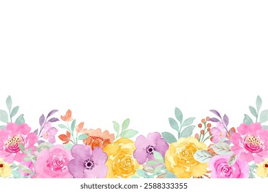 Blooming watercolor flower frame background for design.