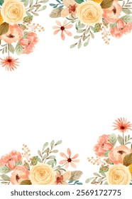 Blooming watercolor flower frame pink and peach color. vertical flower border for design.