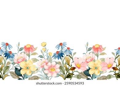 Blooming watercolor flower garden, flower frame for wedding, birthday, card, background, invitation, wallpaper, sticker, decoration etc.