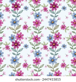 Blooming watercolor flowers vector seamless pattern. This pattern can be used for fabric textile wallpaper fashion design dress background.