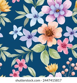 Blooming watercolor flowers vector seamless pattern. This pattern can be used for fabric textile wallpaper fashion design dress background.