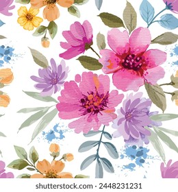 Blooming watercolor flowers vector seamless pattern. This pattern can be used for fabric textile wallpaper fashion design dress background.