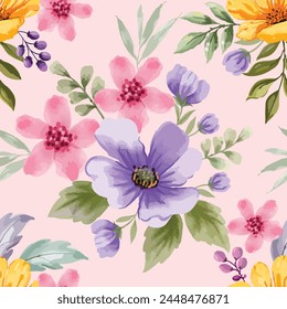 Blooming watercolor flowers vector seamless pattern. This pattern can be used for fabric textile wallpaper fashion design dress background.