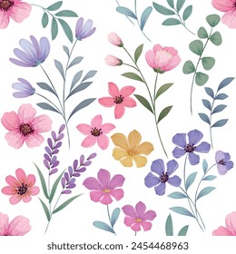 Blooming watercolor flowers vector seamless pattern. This pattern can be used for fabric textile wallpaper fashion design dress background.