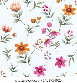 Blooming watercolor flowers vector seamless pattern. This pattern can be used for fabric textile wallpaper fashion design dress background.