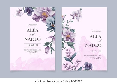 Blooming watercolor orchid flower wedding invitation card set