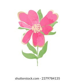 Blooming watercolor pink flower bud with golden lines. Abstract flower, stem and leaves of a peony rose. Botanical vector illustration isolated on white background	
