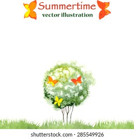 Blooming watercolor tree and butterfly isolated on white background vector illustration. Can be used like postcard or invitation card. Summer template for your design.