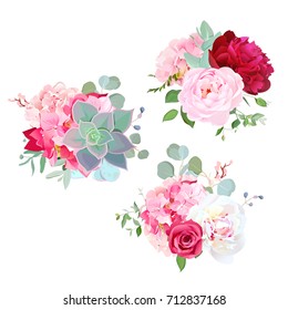 Blooming white and burgundy red peony flower, pink hydrangea, rose, mint succulents, cute decorative plants, greenery vector design bouquets. Wedding floral set. All elements are isolated and editable