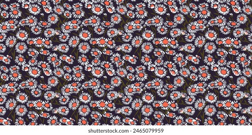 Blooming white chamomile flowers seamless pattern on a dark background. Vector hand drawing. Abstract artistic wild daisy floral printing repeated. Ornament for designs, fabric, textiles, fashion