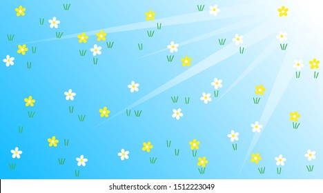 Blooming white daisies on a background of blue sky under the bright rays of the sun on a summer day. Vector EPS10 