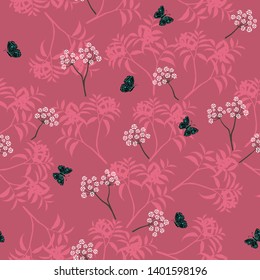 Blooming white floral seamless pattern with butterfly on monotone pink background,vector illustration