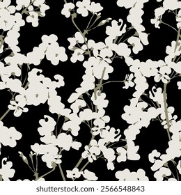 Blooming White Flowers Decorative seamless pattern. Repeating background. Tileable wallpaper print.