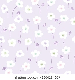 blooming white flowers with purple leaves seamless pattern on lilac background , vector illustration 