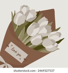 Tulipanes blancos florecientes. Arreglo floral con flores de verano de primavera, ramo abstracto plano para tarjeta de felicitación, estampado, estética de diseño de moda. Ilustración vectorial