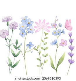 Blooming wild flower pastel color garden with butterfly for design template.