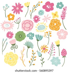 Blooming wild flowers. Hand drawn vector botany set. Vintage spring and summer seasonal decor