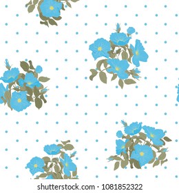 Blooming wild flowers seamless pattern with polka dots on white background in hand drawing style. Vector