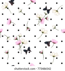 Blooming wild flowers seamless pattern with polka dots on white background in hand drawing style. Blooming wild flowers seamless pattern with polka dots on white background in hand drawing style.