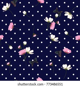 Blooming wild flowers seamless pattern with polka dots on navy blue background in hand drawing style. Blooming wild flowers seamless pattern with polka dots on navy blue background in hand drawing style.