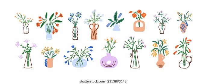 Blooming wild flowers in vases set. Delicate blossomed floral bunches, gentle spring and summer posies, bouquets in glass and ceramic pitchers. Flat vector illustrations isolated on white background