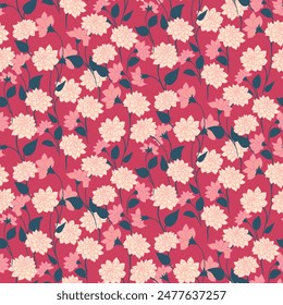 Blooming wild meadow seamless pattern on a burgundy background. Abstract artistic branches with ditsy flowers, small leaves, tiny buds printing. Vector hand drawing sketch. Template for designs
