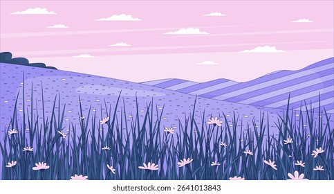 Blooming wildflower meadow in rolling hills flat illustration background. Peaceful hillside landscape. Summer countryside. Springtime scenery 2D cartoon lofi backdrop. Colorful scene vector art image