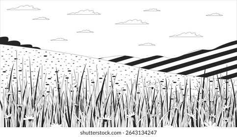 Blooming wildflower meadow in rolling hills line illustration backdrop. Peaceful hillside landscape. Summer countryside. Springtime scenery 2D ink outline monochrome lo-fi background. Lineart vector