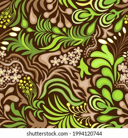 Blooming wildflowers on brown background. Floral seamless pattern, vector.