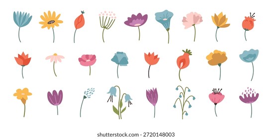 Flores silvestres florescentes em caules, coleção isolada de prado, floresta e flores de campo. Plantas sazonais vetoras em flor. Flora da estação florescente. Diversidade de flores. Botânica de pomar de verão