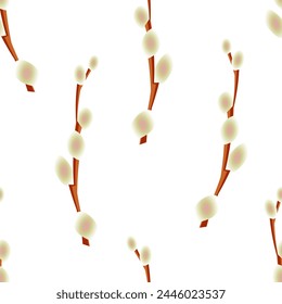 Las ramitas de sauce en flor sobre un fondo blanco forman un patrón sin costuras para textiles y papel de embalaje. Vector.