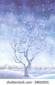 Blooming winter fairy-tale tree behind the falling snow  (other landscapes are in my gallery)