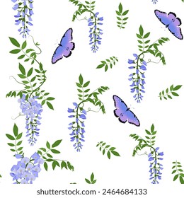 Blooming wisteria and butterflies on a white background. Seamless vector illustration. For decorating textiles, packaging, wallpaper.