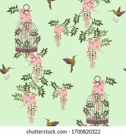 Blooming wisteria and hummingbirds on a green background. Seamless vector illustration. For decorating textiles, packaging, wallpaper.