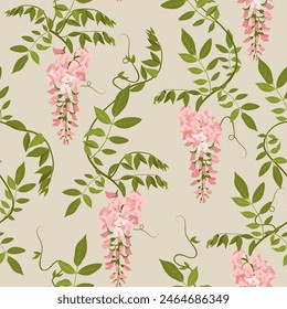 Blooming wisteria on a beige background. Seamless vector illustration. For decorating textiles, packaging, wallpaper.