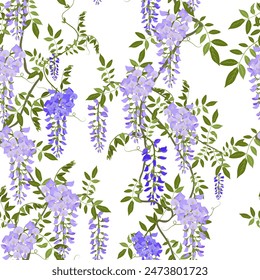 Blooming wisteria on a white background. Seamless vector illustration. For decorating textiles, packaging, wallpaper.