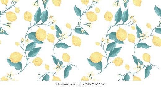 Limones amarillos florecientes, en rama con hojas y brotes de flores entrelazadas en un patrón sin fisuras. Vector dibujo a mano. Abstractas artístico cítrico repetido impresión sobre un fondo blanco. 