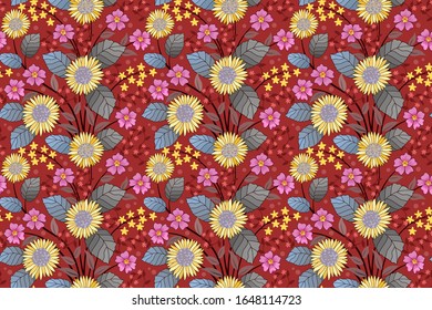 Blooming yellow and pink flower on red background seamless pattern.