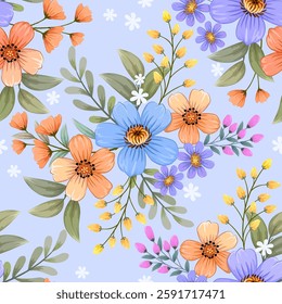 Blooming yellow purple and blue color flowers on light blue  color seamless pattern for fabric textile wallpaper gift wrapping paper background.