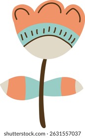 Blooms with a hand-drawn petal pattern in a folk style.  A charming plant with segmented leaves and a slender stem shows its beauty. Cartoon vector illustration