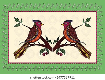 Blooms and Melodies: A Vibrant Madhubani Depiction - Bird on a Flowering Branch. Madhubani painting, Indian folk art, Traditional wall decor, Tree and bird art, Handcrafted Indian painting. 